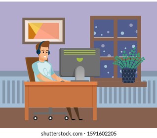Smiling man sitting at table, communication with computer, male wearing headset working with pc at office or home, house-plant on window, hobby vector