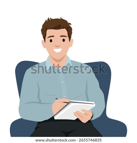 Smiling Man Sitting and Writing on a Notepad. Flat vector illustration isolated on white background