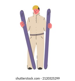 Smiling man in ski suit holds skis. Skier in overalls standing with sport equipment. Winter outdoor activity and active rest. Vector