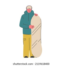Smiling man in snowboard sport clothes holds a board. Snowboarder standing with equipment. Winter outdoor activity and active rest. Vector