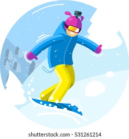 smiling man snowboarder riding on a snowboard on a background of snowy mountains.