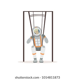 Smiling man in spacesuit training on special swings. Young astronaut preparing for space flight. Testing of physical activity. Colorful flat vector design