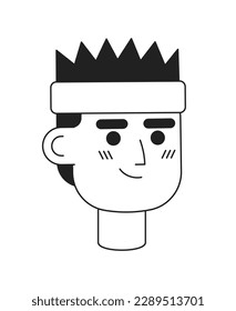 Smiling man with sport headband monochromatic flat vector character head. Editable black white cartoon face emotion. Hand drawn lineart ink spot illustration for web graphic design, animation