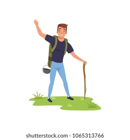 Smiling man standing with backpack and stuff, hiking tourist traveling, camping and relaxing, summer vacations vector Illustration on a white background