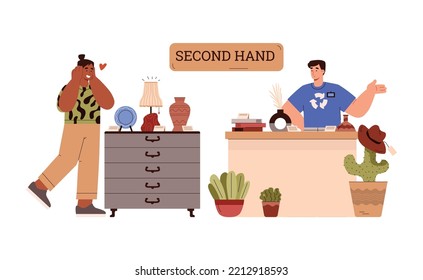 Smiling man standing behind second hand counter, enthusiastic client flat style, vector illustration isolate don white background. Recycling sign, reasonable consumption, goods with price tags