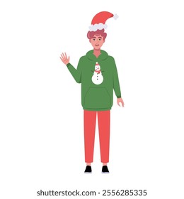 A smiling man is standing in a Christmas hat and festive clothing. Christmas theme. Vector illustration in a flat style