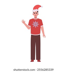 A smiling man is standing in a Christmas hat and festive clothing. Christmas theme. Vector illustration in a flat style