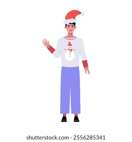A smiling man is standing in a Christmas hat and festive clothing. Christmas theme. Vector illustration in a flat style