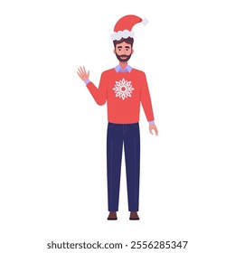 A smiling man is standing in a Christmas hat and festive clothing. Christmas theme. Vector illustration in a flat style