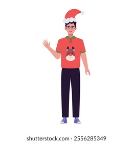 A smiling man is standing in a Christmas hat and festive clothing. Christmas theme. Vector illustration in a flat style