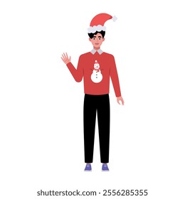 A smiling man is standing in a Christmas hat and festive clothing. Christmas theme. Vector illustration in a flat style