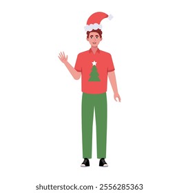 A smiling man is standing in a Christmas hat and festive clothing. Christmas theme. Vector illustration in a flat style