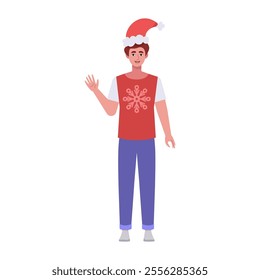 A smiling man is standing in a Christmas hat and festive clothing. Christmas theme. Vector illustration in a flat style