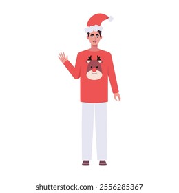 A smiling man is standing in a Christmas hat and festive clothing. Christmas theme. Vector illustration in a flat style