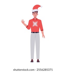 A smiling man is standing in a Christmas hat and festive clothing. Christmas theme. Vector illustration in a flat style