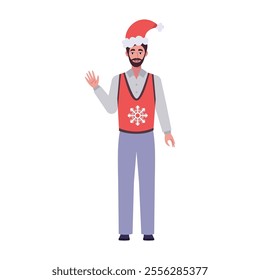 A smiling man is standing in a Christmas hat and festive clothing. Christmas theme. Vector illustration in a flat style