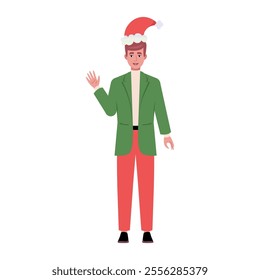 A smiling man is standing in a Christmas hat and festive clothing. Christmas theme. Vector illustration in a flat style