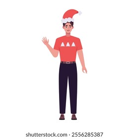 A smiling man is standing in a Christmas hat and festive clothing. Christmas theme. Vector illustration in a flat style