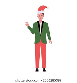 A smiling man is standing in a Christmas hat and festive clothing. Christmas theme. Vector illustration in a flat style