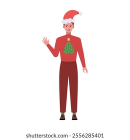 A smiling man is standing in a Christmas hat and festive clothing. Christmas theme. Vector illustration in a flat style