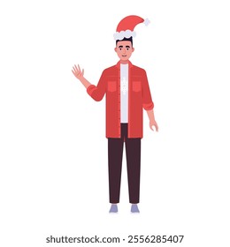 A smiling man is standing in a Christmas hat and festive clothing. Christmas theme. Vector illustration in a flat style