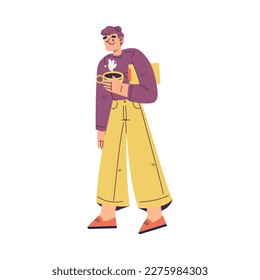 Smiling Man Standing with Clipboard and Hot Coffee Cup Vector Illustration