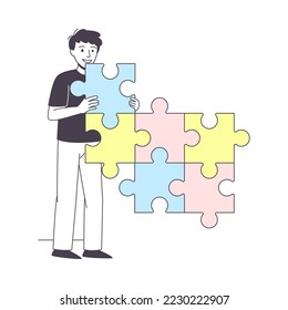 Smiling Man Standing with Jigsaw Puzzle as Mosaiced Piece for Logical Game Vector Illustration