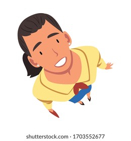 Smiling Man Standing Looking Up, View from Above Vector Illustration