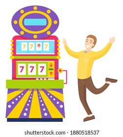 Smiling man standing near game machine, winner playing, 7 icons score. Gambling or casino element, colorful slot equipment, player success vector