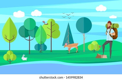 Smiling man standing on rock, wildlife of animals rabbit, doe and birds, green trees and grass. Hiker male with backpack traveling, sporty hobby vector. Flat cartoon