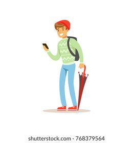 Smiling man standing with phone and folded umbrella flat vector illustration
