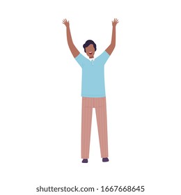 Smiling Man Standing with Raising Hands, Male Character Having Fun or Celebrating Success Flat Vector Illustration