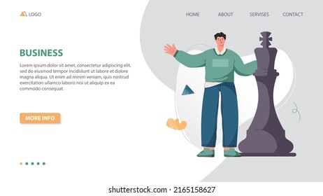 Smiling man stands near chess piece, king. Chess game. Business, leadership, strategy and tactics landing page template concept. Chess pieces. Flat vector illustration