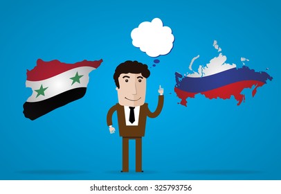 Smiling man stands on a background map of Russia and Syria