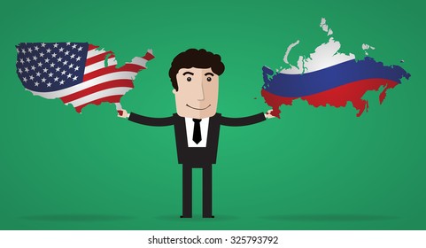 Smiling man stands on a background map of Russia and USA