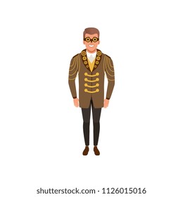 Smiling man in steampunk costume. Guy in jacket with golden chains and gears, shirt, pants and vintage goggles. Flat vector design