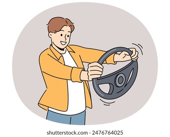 Smiling man with steering wheel in hands learn driving. Happy guy with car wheel have driving lessons. Vector illustration.