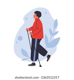 Smiling man with sticks nordic walking flat style, vector illustration isolated on white background. Outdoor sport, decorative design element, healthcare and physical activity