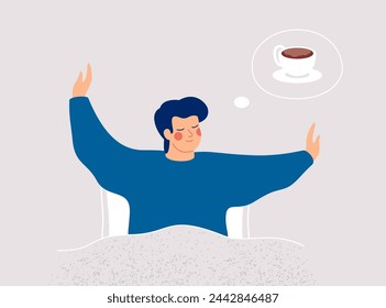 El hombre sonriente se estira en la cama y piensa en una taza de café. El niño feliz se despierta y se siente bien. Hábitos saludables de la mañana y concepto de cuidado corporal. Ilustración de vector