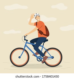 smiling man  in stylish clothes riding bicycle colorful vector illustration.