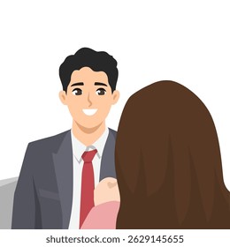 Smiling man in a suit engages in a conversation with a woman, creating a professional atmosphere. Flat Vector character illustration