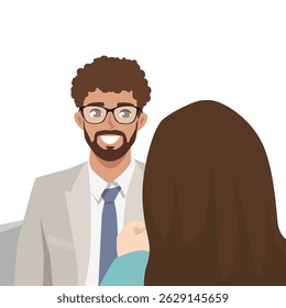 Smiling man in a suit engages in conversation with a woman, creating a professional atmosphere. Flat Vector character illustration