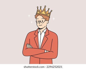 Smiling man in suit and golden crown show confidence and leadership. Confident male with high self esteem stand with arms crossed. Vector illustration. 