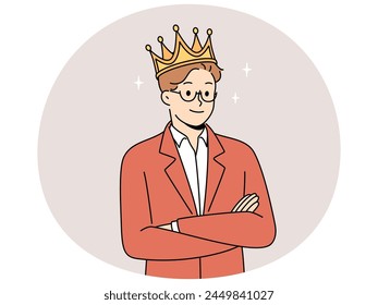 Smiling man in suit and golden crown show confidence and leadership. Confident male with high self esteem stand with arms crossed. Vector illustration.