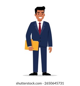 A smiling man in a suit holds a file folder.