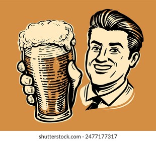 Smiling man in suit offer glass of beer. Vector illustration in pop art comic style. Retro advertising poster