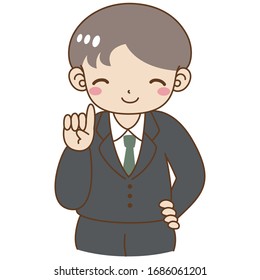A smiling man in a suit points his finger