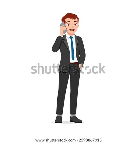 Smiling Man in Suit Talking on Mobile Phone with One Hand in Pocket Standing in Full Shot