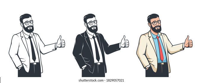 Smiling Man in suit thumb up. Bearded businessman in glasses with like gesture. Vector illustration.