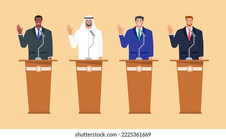 Smiling Man in Suit Waving hand in an Election Political Campaign or Debate. Multicultural and Diversity Big People Flat Design Cartoon Style Vector Illustration